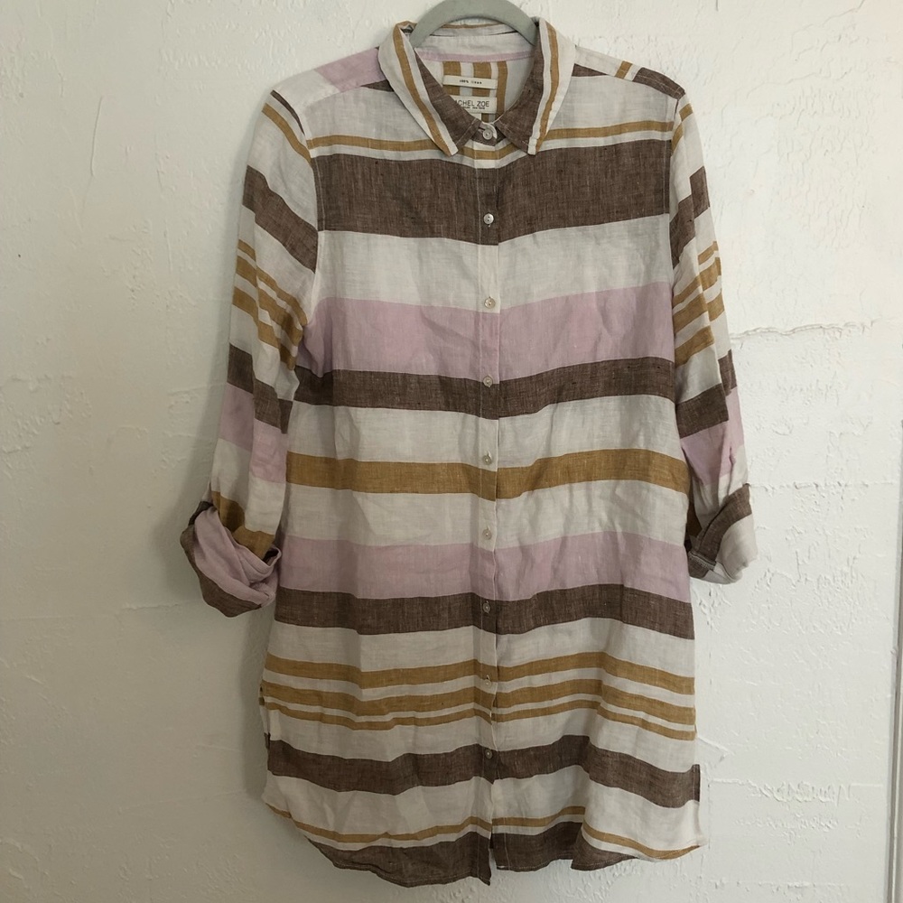 Rachel Zoe 100% Linen Striped Boho Collared Shirt Dress Beach Lagenlook